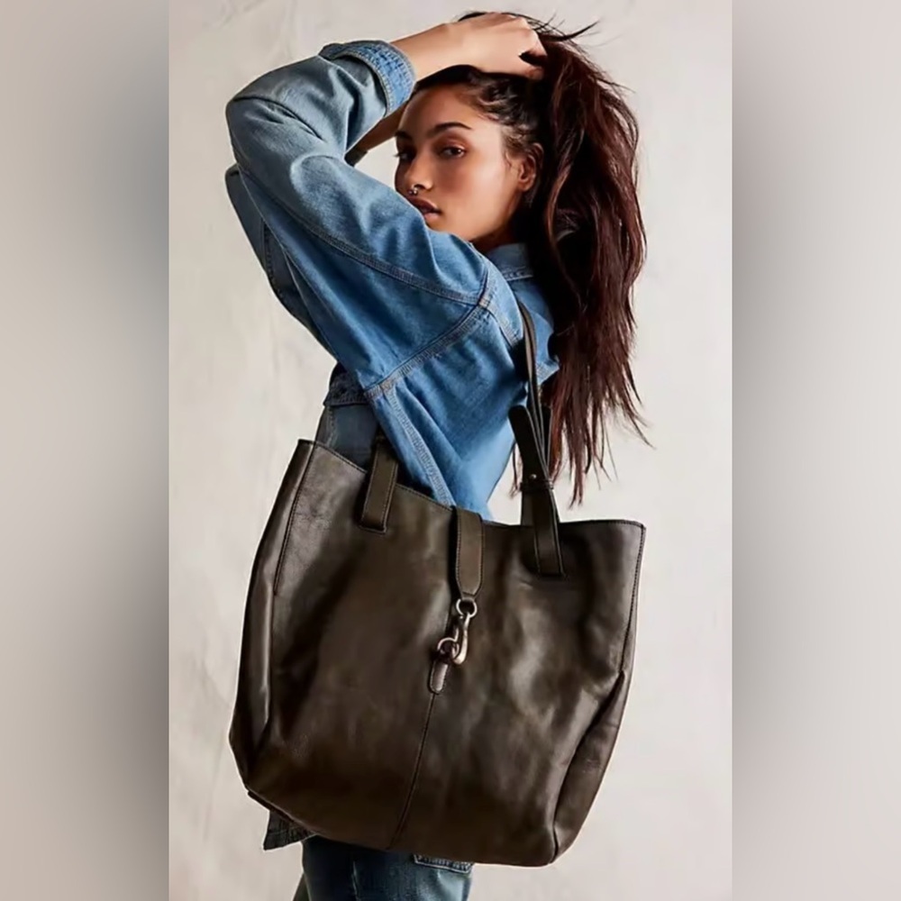 We The Free Olive Green Leather Tote Bag